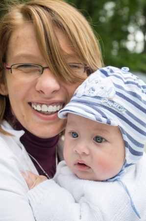 Caucasian mother and his newborn sonの写真素材