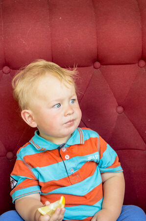 little boy, the first time in his life eats a lemonの写真素材