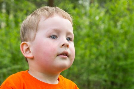 the little boy thoughtfully looks ahead