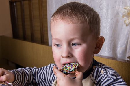 A young caucasian boy eat gingerbreadの写真素材