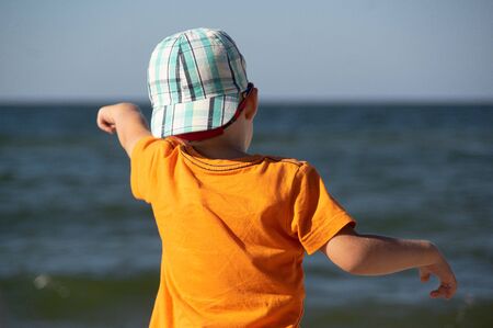 A toddler ath the beach,  fingerpoint. backviewの写真素材