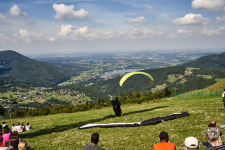 Zar mountain, Beskid, Poland 20 August 2020 Paragliders at the hillのeditorial素材
