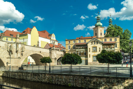 Klodzko, Lowersilesia, POland 08 AUust 2023 View at gothic bridge and churchのeditorial素材