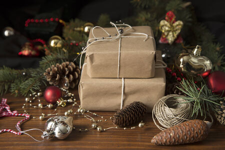 Christmas decoration on a wooden backgroundの写真素材