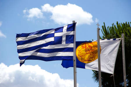 Greek flag and the flag of Alexander the Greatの写真素材