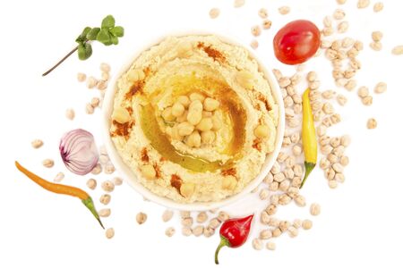 Hummus with mint and the fresh vegetables isolatedの写真素材