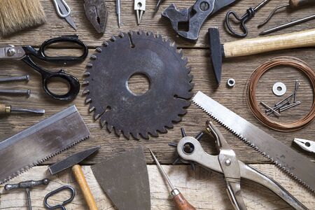 Various tools on wooden backgroundの写真素材
