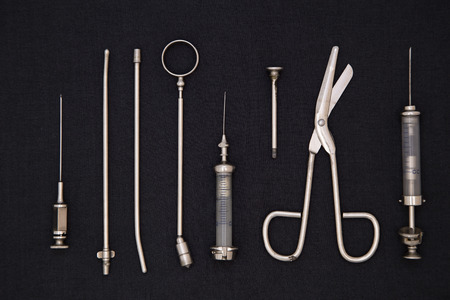 Antique medicine equipments on black backgroundの写真素材