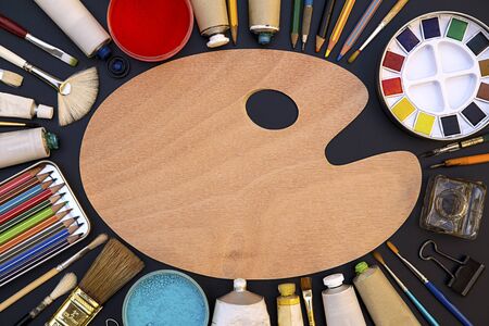 Various painting equipment on black backgroundの写真素材