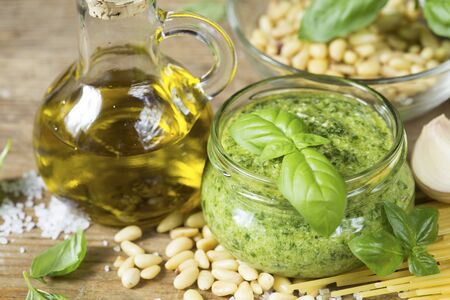 Pesto sauce with ingredientsの写真素材