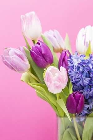 Tulips and a hyacinth in a vaseの写真素材