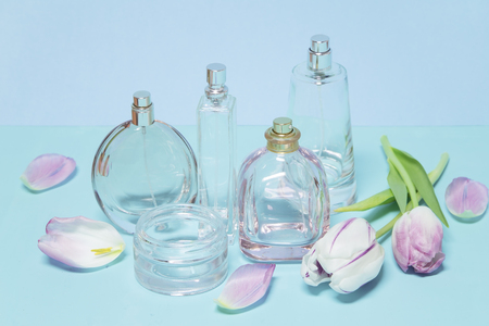 Perfume bottles and tulips on blue backgroundの写真素材