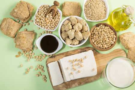 Various soy products on green backgroundの写真素材
