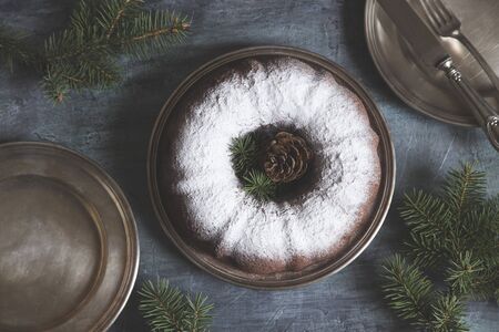Christmas cake on silver plateの写真素材