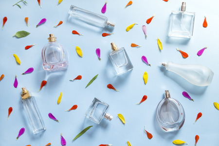 Perfume bottles with the flower petals on blue background