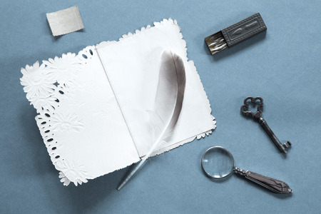 Vintage writing set on a gray cardboard backgroundの写真素材
