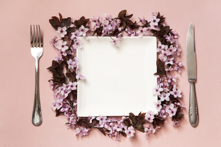 Spring table setting with the cherry blossomの写真素材