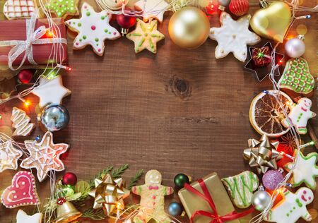 Christmas and New Year ornaments on wooden backgroundの写真素材