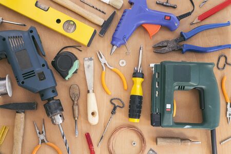 Tools collection on  wooden backgroundの写真素材
