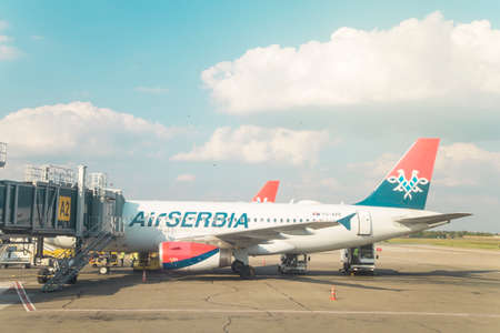 Belgrade, Serbia - September 01, 2016: The Air Serbia airplane preparing for the flight at the Belgrade Nikola Tesla airportのeditorial素材