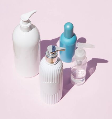 Beauty products on pink backgroundの写真素材