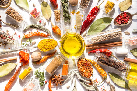 Herbs and spices on white backgroundの写真素材