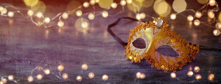 Venetian golden mask on silver glitter backgroundの写真素材