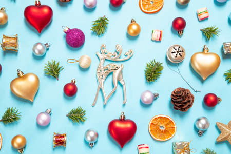 New Year and Christmas ornaments on blue backgroundの写真素材