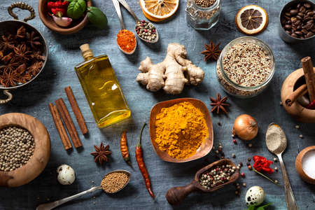 Various spices on dark backgroundの写真素材