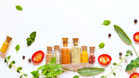 Herbs and spices on white backgroundの写真素材