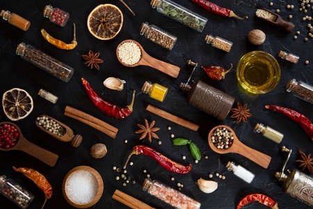 Various spices on black backgroundの写真素材