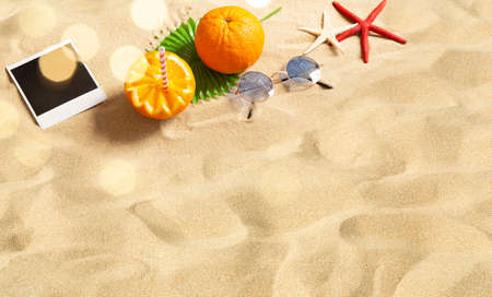 Summer concept on sand backgroundの写真素材