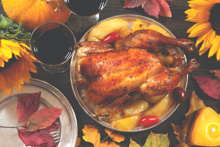 Thanksgiving dinner with red wineの写真素材