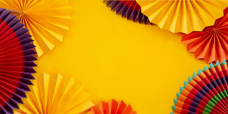 Colorful paper ornaments on yellow backgroundの写真素材