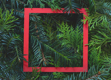 New Yaer and Christmas red greeting card with decorationの写真素材