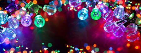 Decorative colorful holiday lights with copy spaceの写真素材