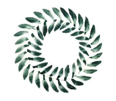 Green leafes watercolor wreath on white backgroundの写真素材