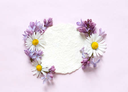 Spring flowers with a craft paper blanck noteの写真素材