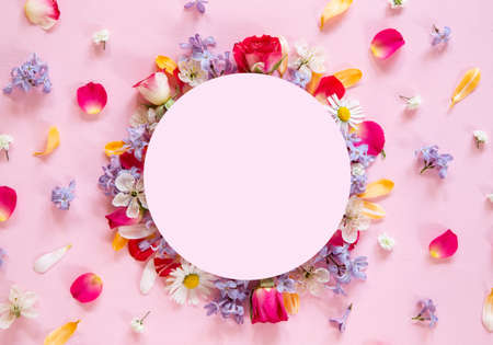 Spring flower composition with a blanck noteの写真素材