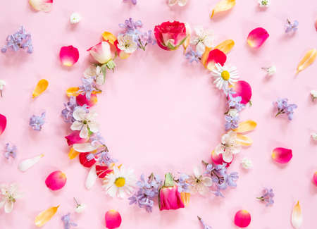 Spring flower composition with copy space on pink backgroundの写真素材