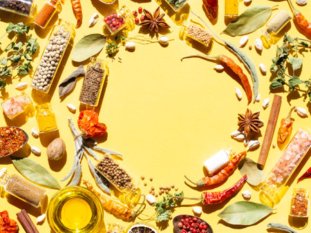 Herbs and spices on yellow backgroundの写真素材