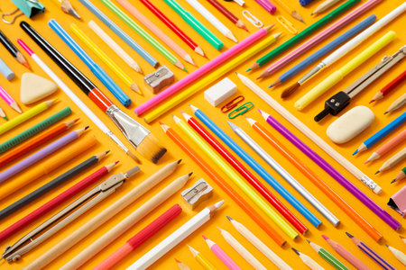 School supplies on yellow backgroundの写真素材