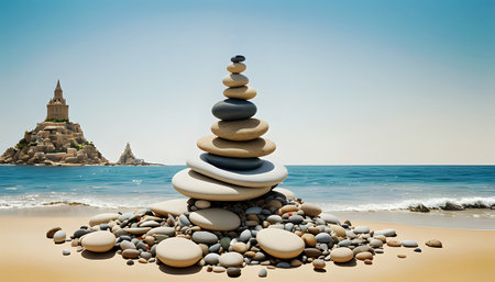 Stack of stones on sand beachの素材
