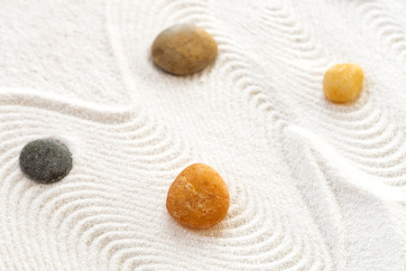 Zen garden with sand pattern and stones