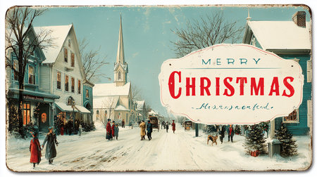 Merry Christmas greeting card with people walking in the old town.の素材