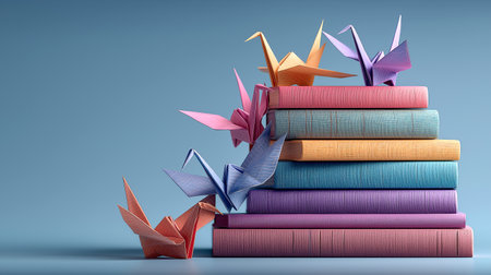 Origami cranes with a stack of booksの素材