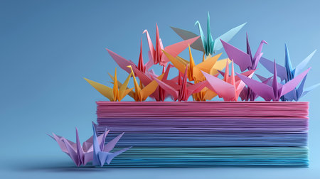 Origami cranes with a stack of booksの素材