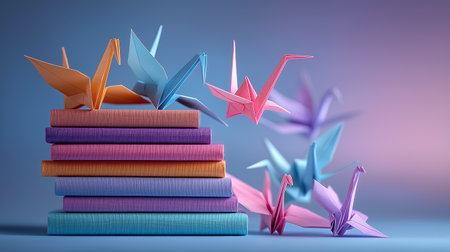 Origami cranes with a stack of booksの素材