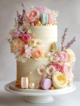 Wedding cake with the flowers and macaronsの素材