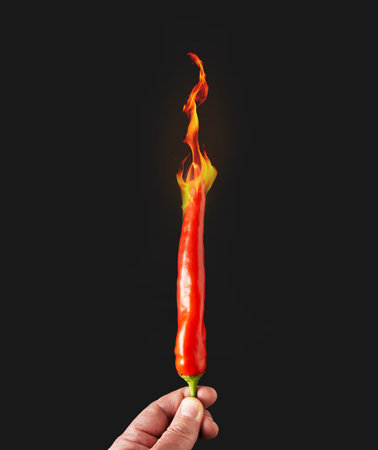 Hand holding red hot chili pepper on fire, against black background. Creative minimalist concept.の写真素材